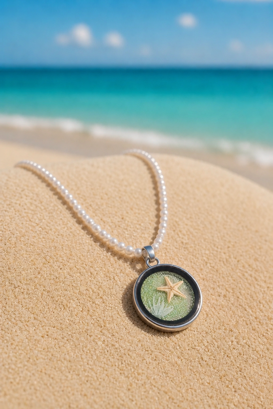 گردنبند مروارید(۴۰cm) با پلاک ساحلی