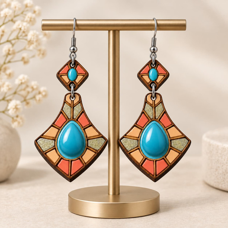 گوشواره چوبی طرح کاشی و نگین اشکی فیروزهای