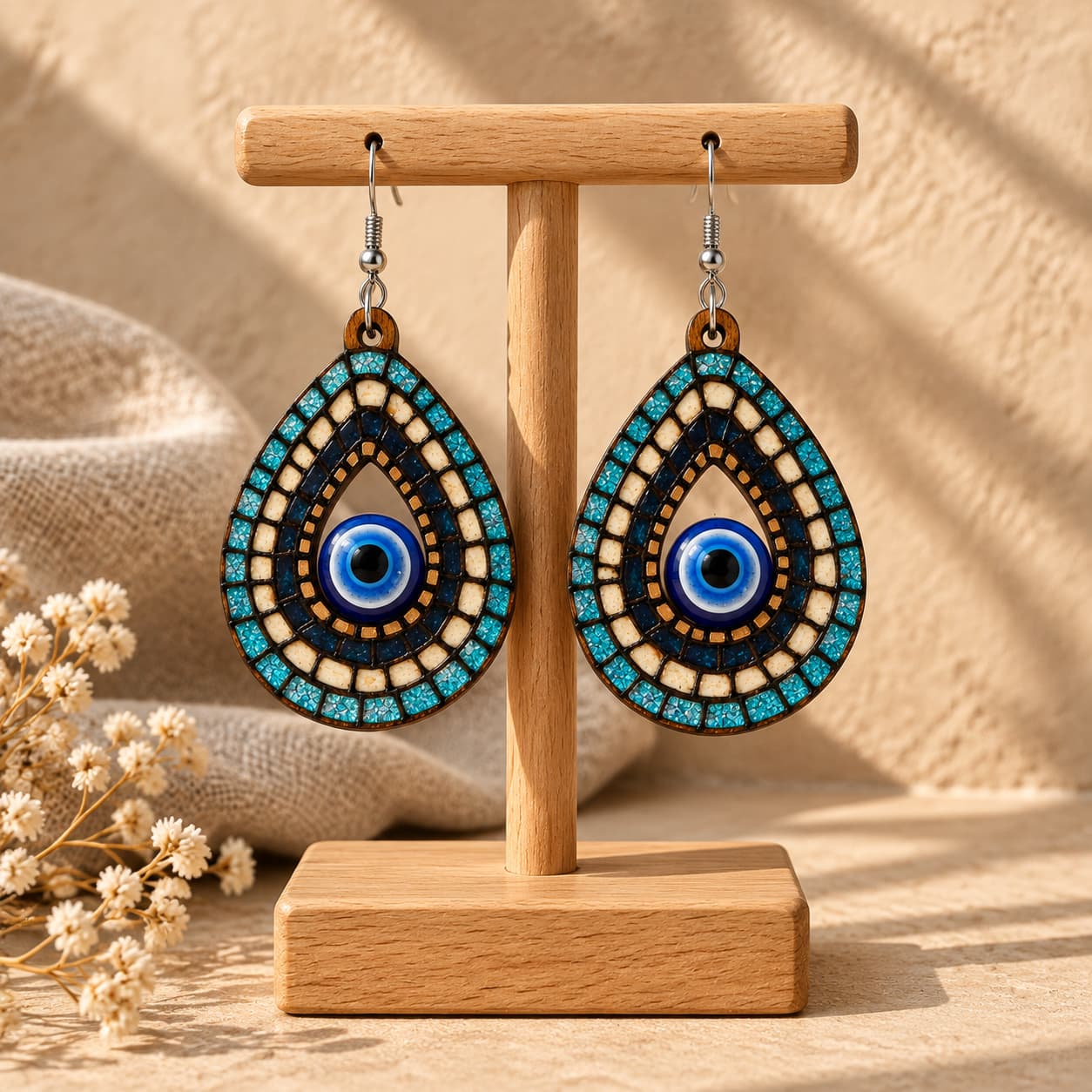 گوشواره چوبی طرح کاشی و چشم نظر اشکی