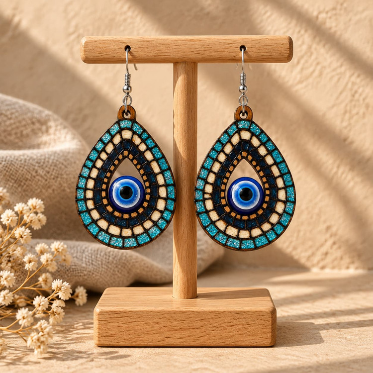 گوشواره چوبی طرح کاشی و چشم نظر اشکی