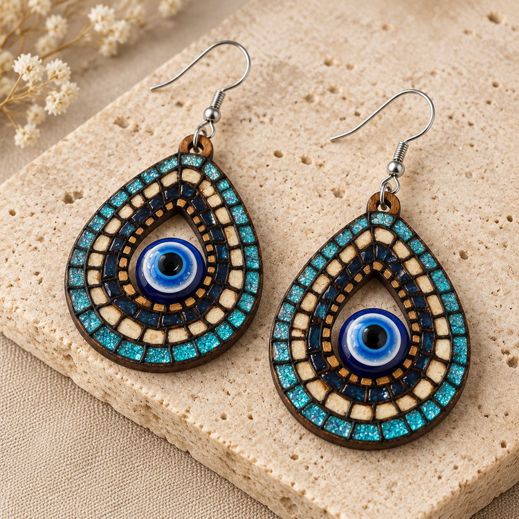 گوشواره چوبی طرح کاشی و چشم نظر اشکی